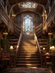 Fototapeta premium Ornate library interior featuring a grand staircase and stained glass windows with natural light