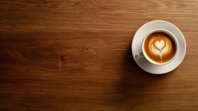 Flat Lay of Coffee Cup with Latte Art on Wooden Table in Minimal Aesthetic Background