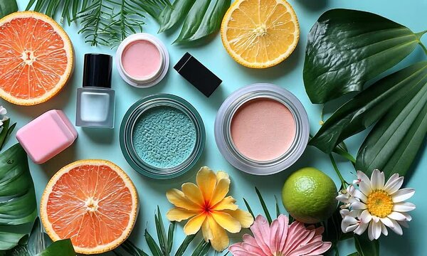 Vibrant arrangement of cosmetics and fresh fruits on a pastel background, highlighting beauty and nature