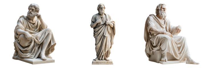 Marble statues of ancient philosophers isolated on transparent PNG image perfect for philosophy, history, or museum scenes