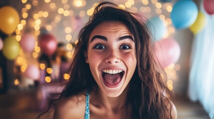 Excited woman celebrating at a festive party scene