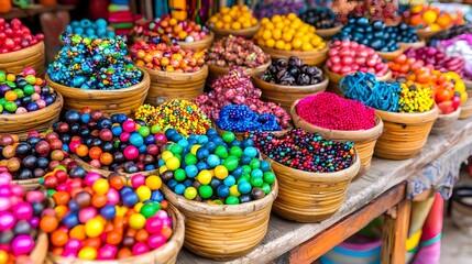 Fototapeta premium Vibrant beadwork showcase market stall closeup photography colorful environment overhead view artistry