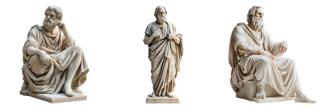 Marble statues of ancient philosophers isolated on transparent PNG image perfect for philosophy, history, or museum scenes