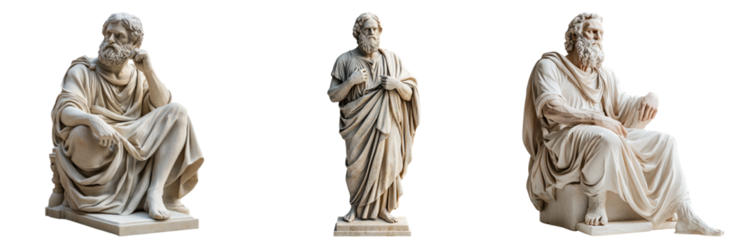 Marble statues of ancient philosophers isolated on transparent PNG image perfect for philosophy, history, or museum scenes