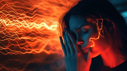 Fototapeta premium Woman in distress with vibrant light effects around