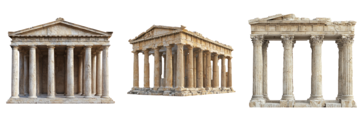 Classical Greek temples with white stone columns isolated on transparent PNG image perfect for ancient civilization designs