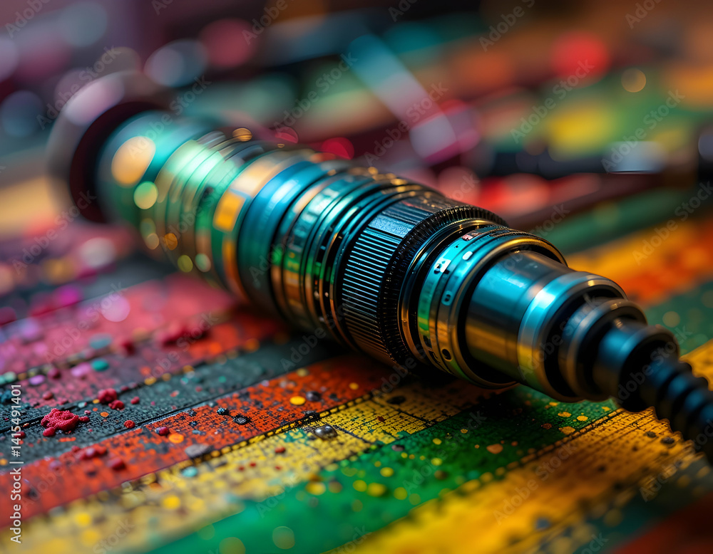 Poster analyzing metal object on colorful circuit board surface