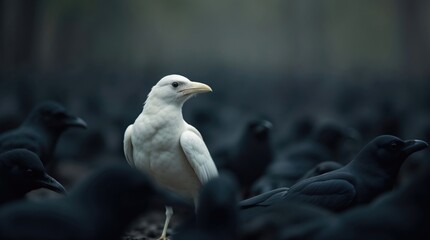 White crow standing among black crows. Symbol of individuality