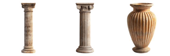 Ancient Roman columns and urns in marble finish isolated on transparent PNG image perfect for classical architecture or museum sets