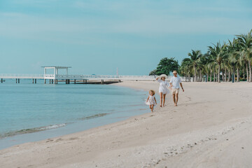 A beautiful family walks together on a tropical paradise beach in the Maldives with turquoise ocean and white sand during their vacation time