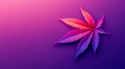 Cannabis leaf on a purple background, minimalistic, gradient, with purple and red colors, ultra-realistic photography.