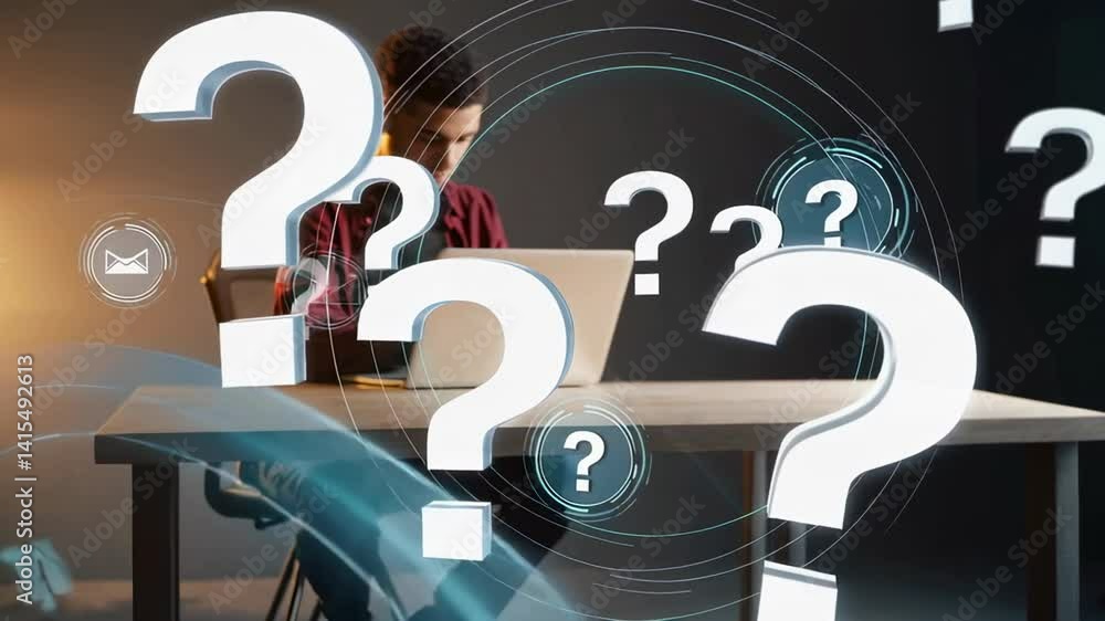 Leinwandbilder Question marks hovering around focused programmer, visualizing complex mental process of solving technical challenges while working intently on laptop in professional workspace