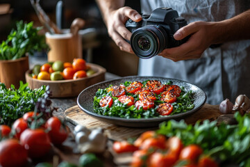 Person photographing a colorful plate of food on a table at a restaurant, capturing vibrant dishes and culinary presentation.