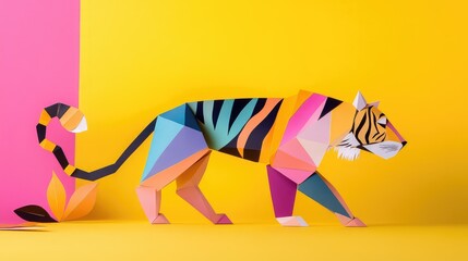 Obraz premium Artistic paper tiger figure with exaggerated features on a saturated yellow field