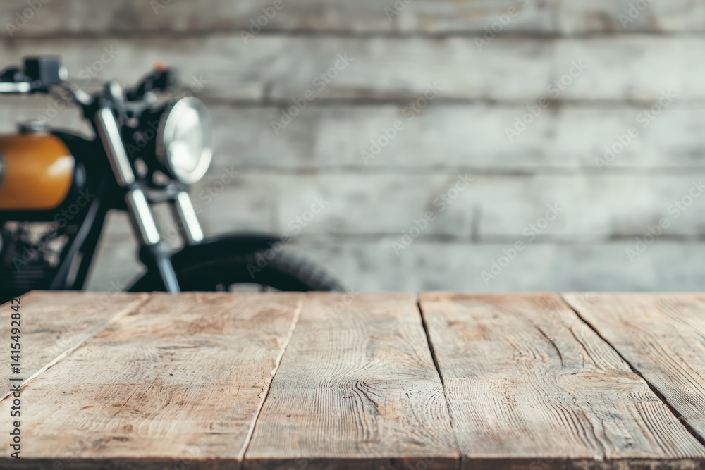 Aufkleber empty wooden table presenting stylish biker accessories in rustic garage setting