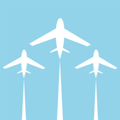 Airplane background, three white flat plane symbols with lines on blue background, vector illustration.
