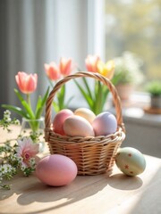 Pastel Easter eggs in wicker basket with tulips