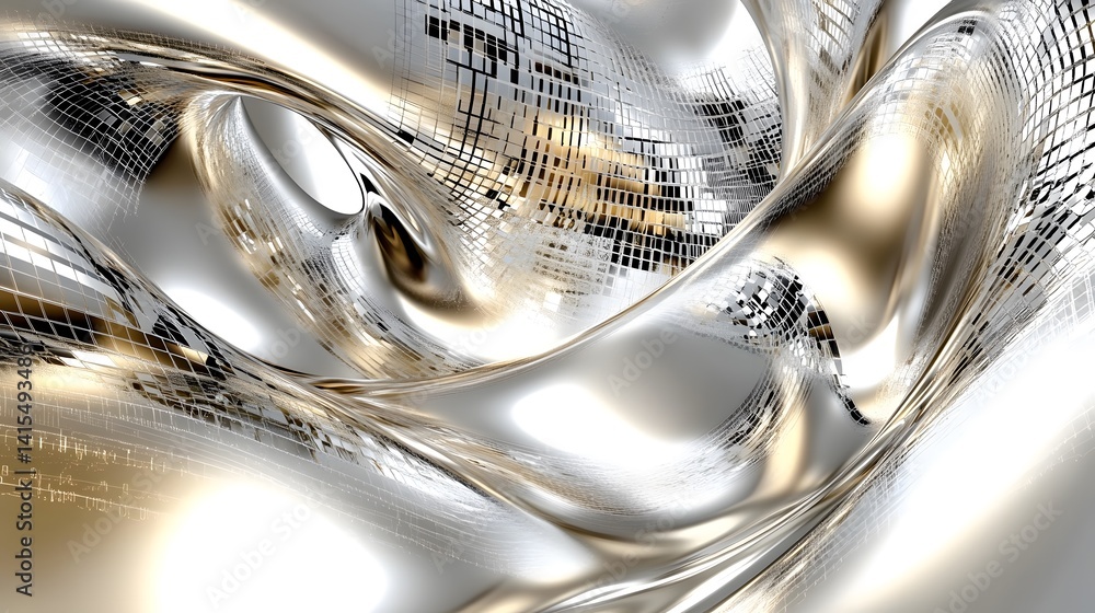 Poster abstract metallic liquid forms with textured patterns.