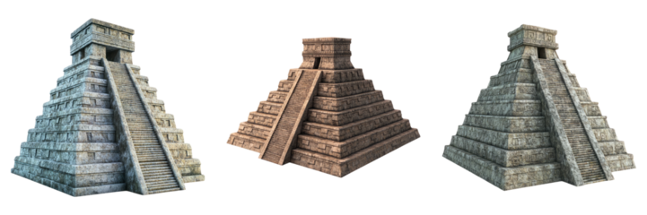 Mesoamerican pyramid structures in multiple styles isolated on transparent PNG image perfect for educational or culture-based visuals