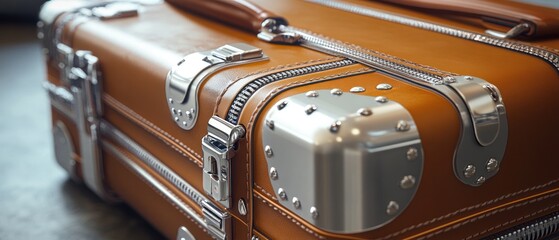 Elegant leather suitcase with metallic accents close-up