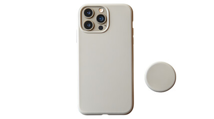 Phone with pop socket and neutral case lying flat on textured background  