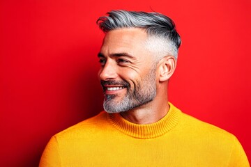 Fototapeta premium Red solid background. Creative of style for aging men. Modish men's mid fade haircut - midlife white man with grey hair. A vibrant male with a lively and glowing personality.