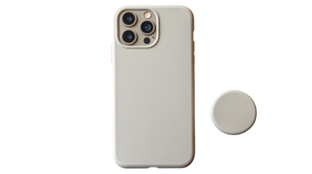 Phone with pop socket and neutral case lying flat on textured background  