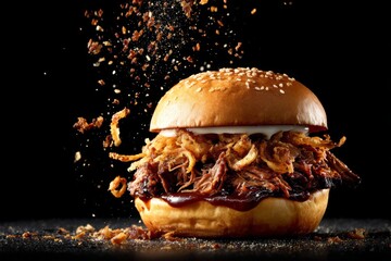 A mouthwatering pulled pork barbecue burger topped with fried onions, ready to eat.