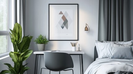 Modern bedroom with desk, plant, and geometric art