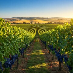 Lush vineyard basking in summer sun, grapevines heavy with fruit, neat rows disappearing into golden hills under a cloudless sky.