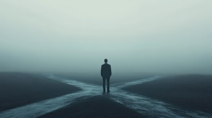 Fototapeta premium Man Standing at a Fork in the Road in a Foggy Landscape