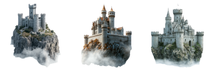 Fantasy castles on cliffside islands isolated on transparent PNG image perfect for magic-themed games or adventure stories
