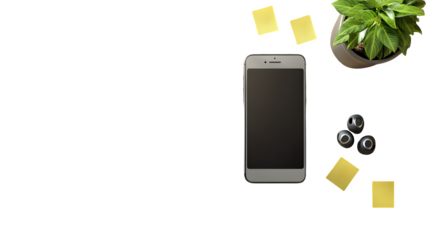 Realistic phone with earbuds and sticky notes on light wood texture --ar 16:9 --s 250