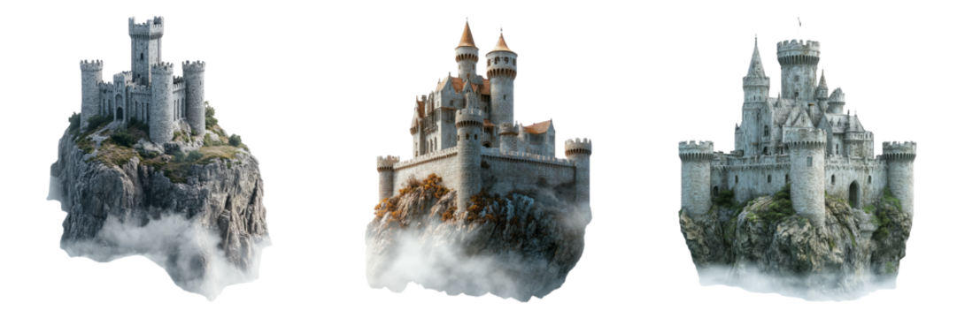 Fantasy castles on cliffside islands isolated on transparent PNG image perfect for magic-themed games or adventure stories