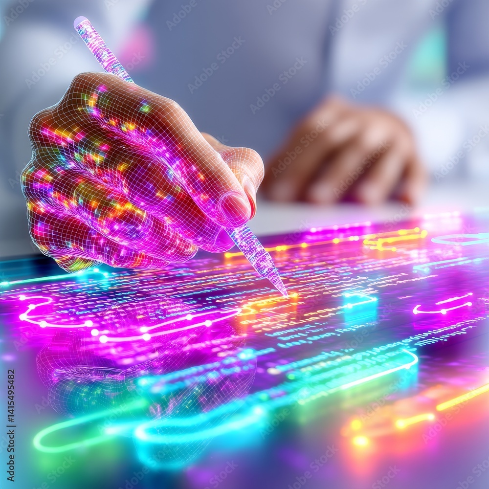 Poster developer writing code with holographic overlay in futuristic workspace digital art high-tech enviro