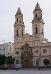 Cadiz, Spain - Mar 19, 2025: Walking in Cadiz. St Anthony of Padua square. Streets, buildings. Lifestyle in the urban area. Sunny spring day. Selective focus