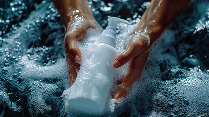 Fototapeta premium Close-up of hands using a white hand wash bottle with a pump on a grey background, with copy space for product advertising concept banner. High-resolution photography.