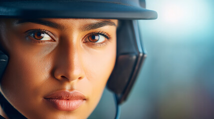 Close-up of a focused woman wearing a tactical helmet and headset, symbolizing professionalism and readiness in a security role.