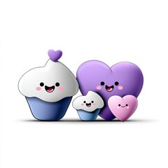 Obraz premium Playful Cartoon Cupcakes and Heart Shapes in Soft Purple and White Colors