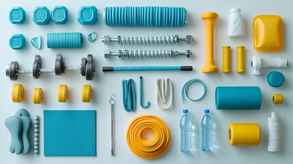Colorful assortment of exercise equipment displayed on a light background.