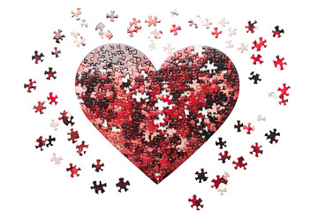 Heart shaped puzzle pieces arranged in a beautiful design on a white isolated background.