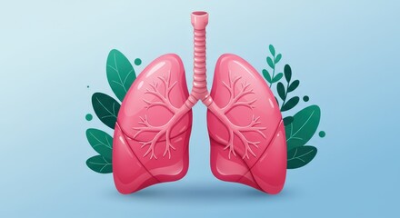 Human lung illustration for medical healthcare. Anatomical drawing of respiratory organ with tree leaves. Graphic design for healthy breathing and pulmonology concept.