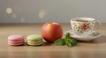 Enjoying Tea with Macarons and a Peach Still Life