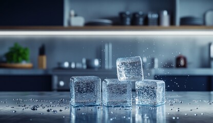 Ice cubes on counter in kitchen setting with modern design elements.