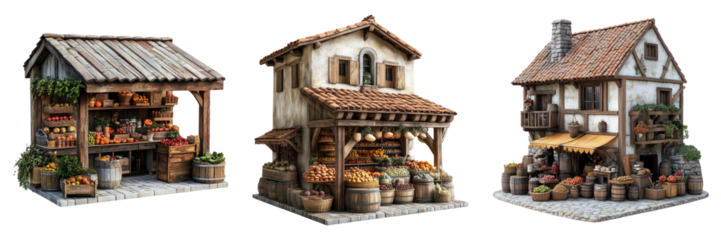 Rustic merchant stalls with awnings and goods isolated on transparent PNG image perfect for marketplace scenes or village setups