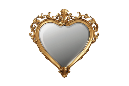Heart-shaped ornate mirror with intricate detailing on a white isolated background.