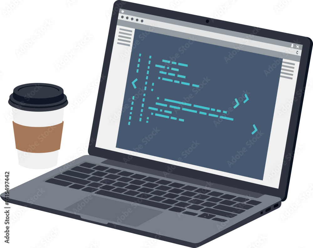 Poster laptop with coding screen and takeaway coffee cup flat design digital workspace vector illustration