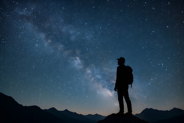 Backpacker Silhouette Observing the Starry Sky from a Mountain Peak at Night