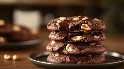 Large Chocolate Cookies with Peanuts Stacked Neatly on Plate