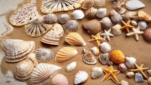 Seashells and Starfish on Sandy Beach Background ,Video 4K